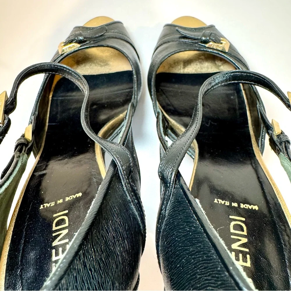 Fendi Black Leather Peep Toe D’Orsay Pumps W Gold Buckle Accents, Size 39